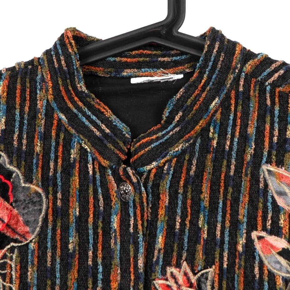 Floral Tapestry Jacket XL Striped Mandarin Collar Applique Boho Lagenlook Black - Picture 5 of 7